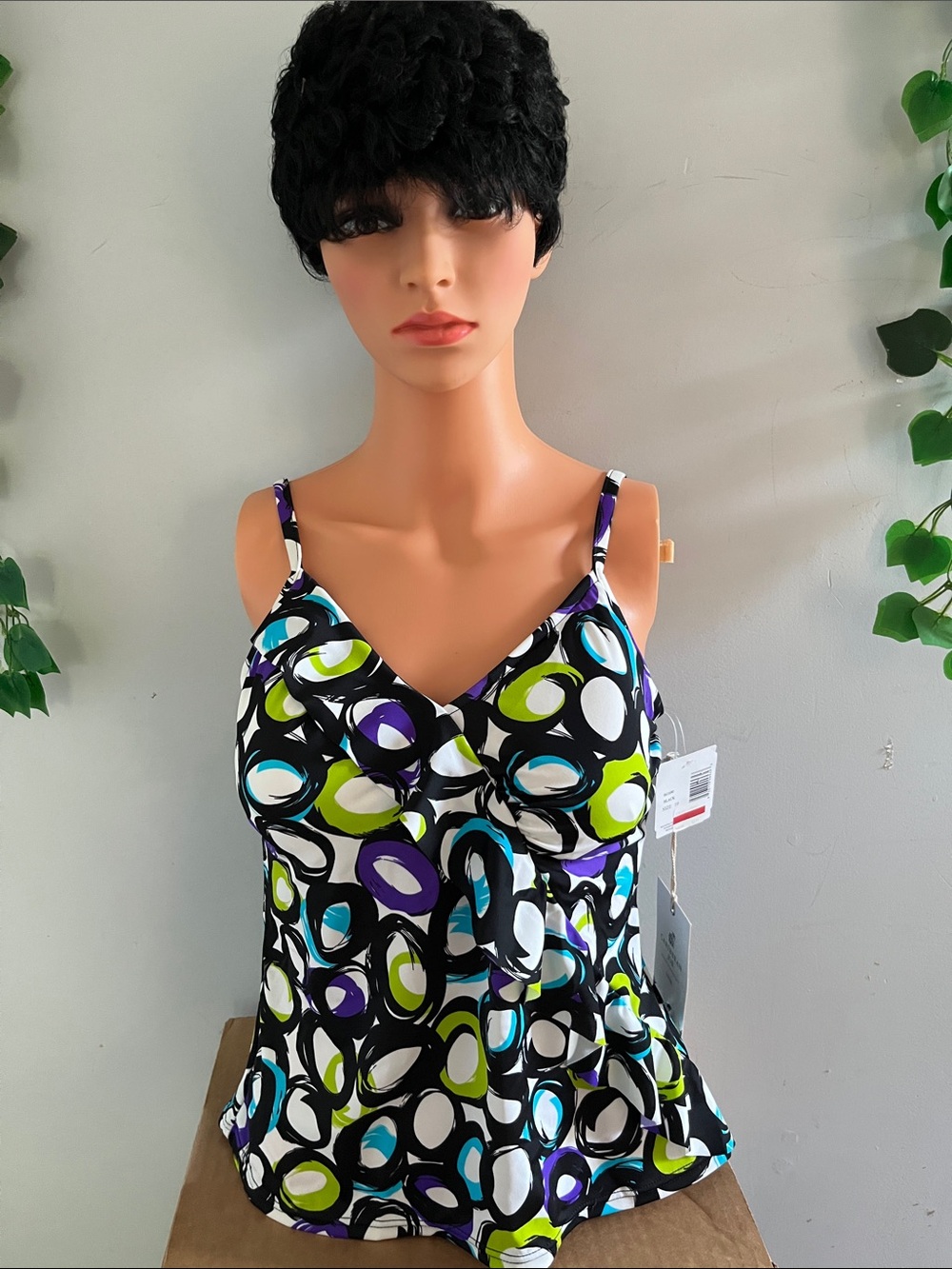 Caribbean Joe Black Multicolor Circle-Print Tankini Coverup